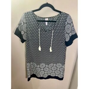 Alya Navy White Floral Medallion Tassel Tie Tunic Boho Nautical Women S Dress